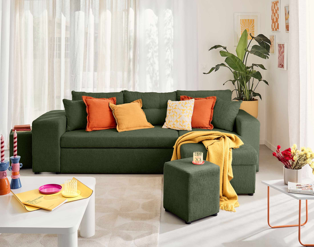 Canapé d'angle réversible 4 places convertible avec coffre, étagère et poufs en velours texturé California