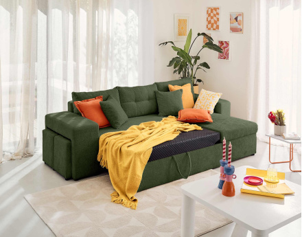 Canapé d'angle réversible 4 places convertible avec coffre, étagère et poufs en velours texturé California