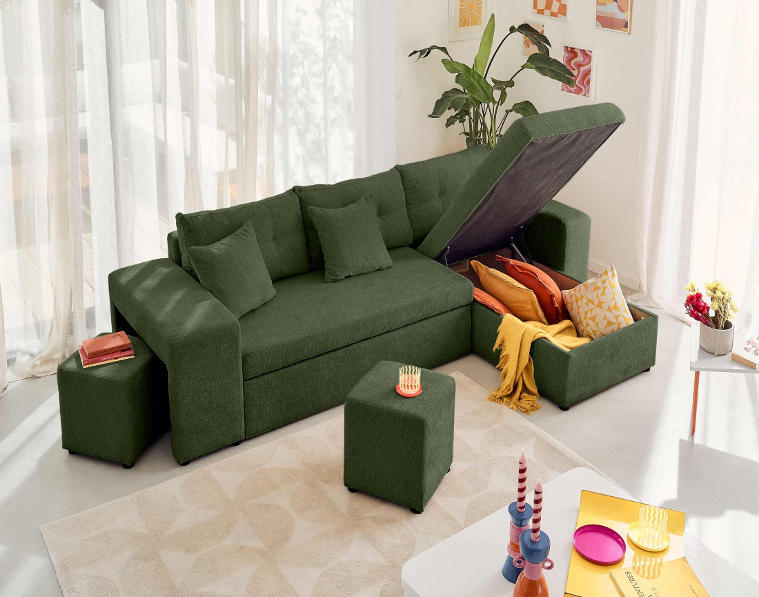 Canapé d'angle réversible 4 places convertible avec coffre, étagère et poufs en velours texturé California