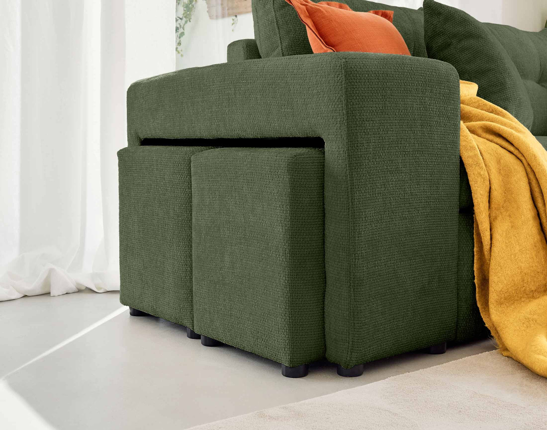 Canapé d'angle réversible 4 places convertible avec coffre, étagère et poufs en velours texturé California