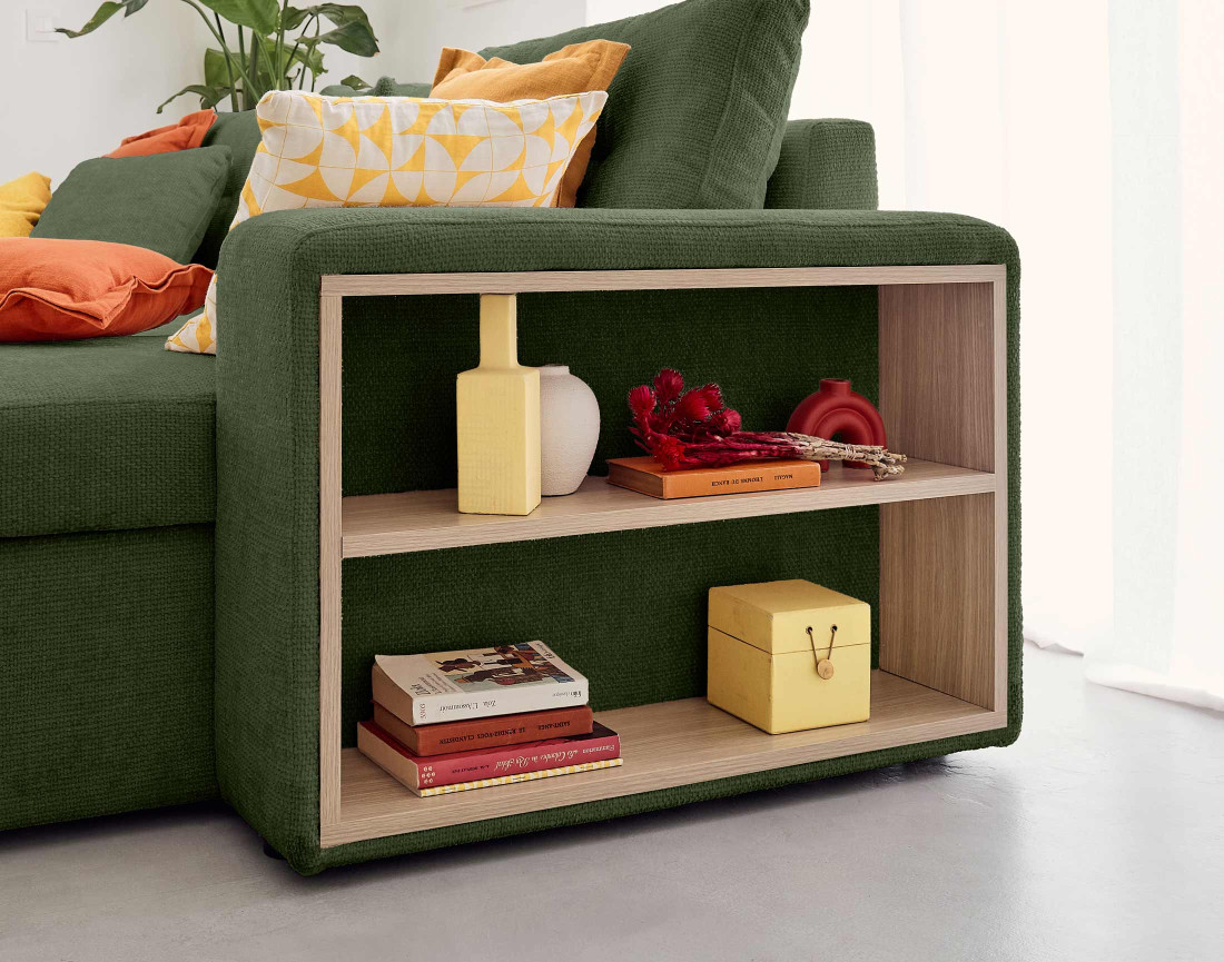 Canapé d'angle réversible 4 places convertible avec coffre, étagère et poufs en velours texturé California