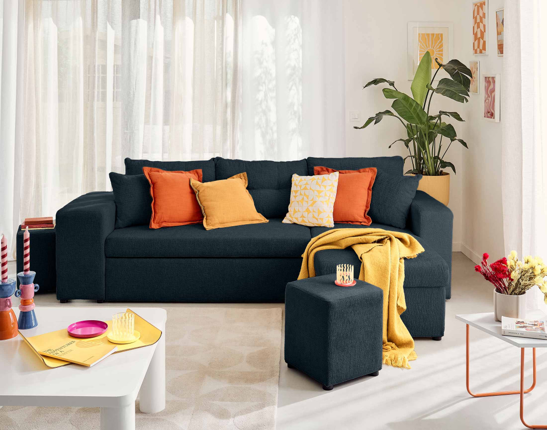 Canapé d'angle réversible 4 places convertible avec coffre, étagère et poufs en velours texturé California