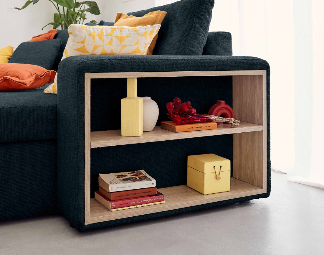 Canapé d'angle réversible 4 places convertible avec coffre, étagère et poufs en velours texturé California