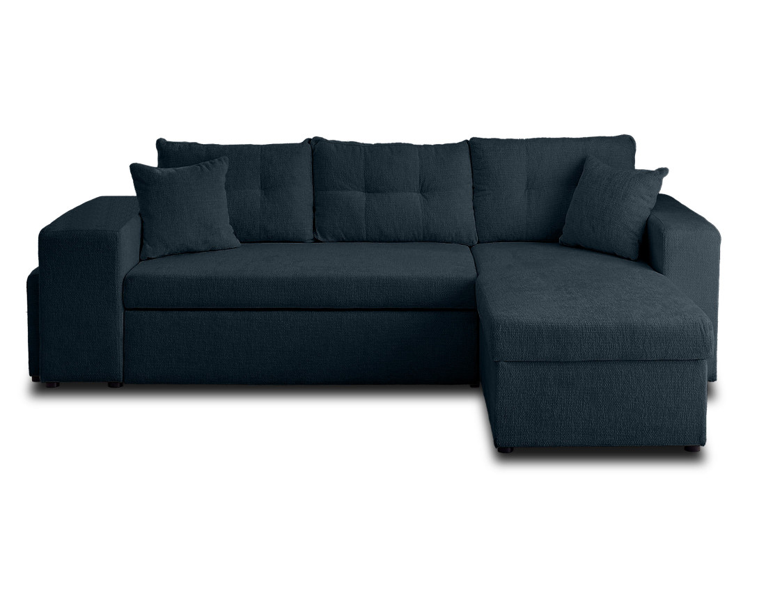 Canapé d'angle réversible 4 places convertible avec coffre, étagère et poufs en velours texturé California