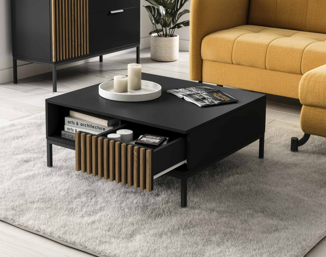 Table basse bois et noir 1 tiroir et 1 niche 80 cm Savanna