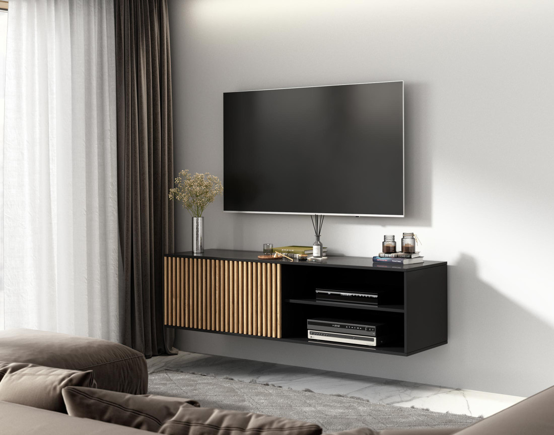Meuble TV suspendu bois et noir 150 cm Savanna