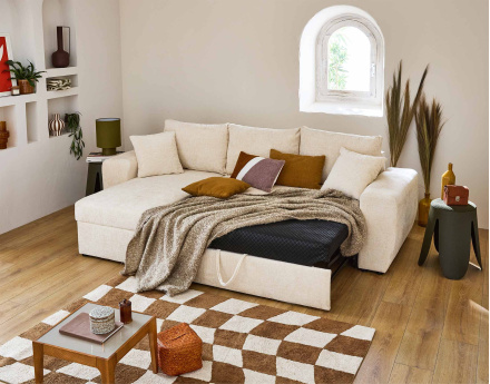 Canapé d'angle réversible 4 places convertible avec coffre en velours texturé Milan