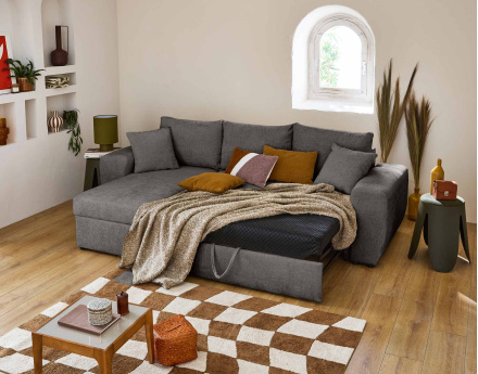 Canapé d'angle réversible 4 places convertible avec coffre en velours texturé Milan