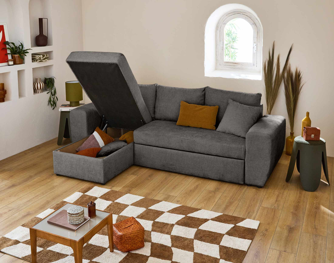 Canapé d'angle réversible 4 places convertible avec coffre en velours texturé Milan