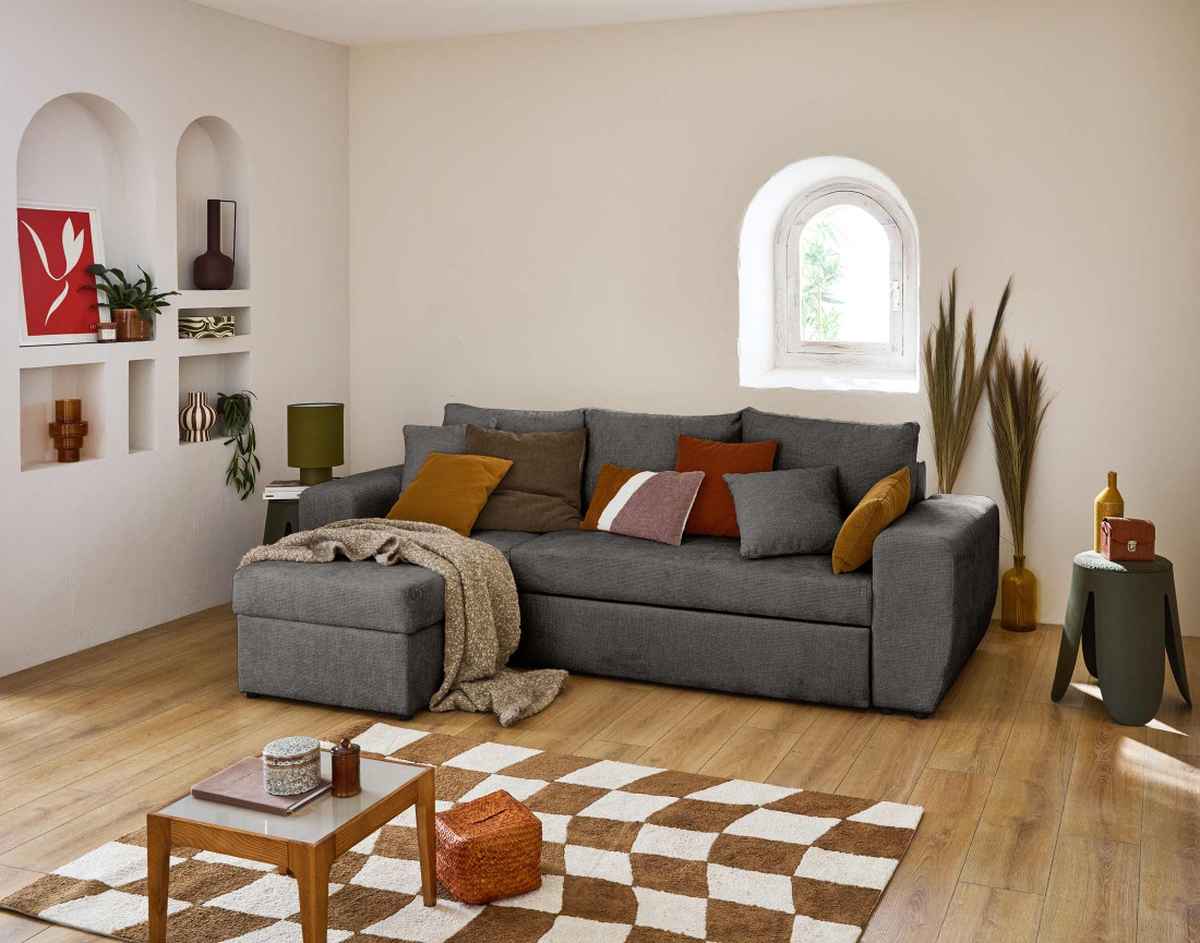 Canapé d'angle réversible 4 places convertible avec coffre en velours texturé Milan