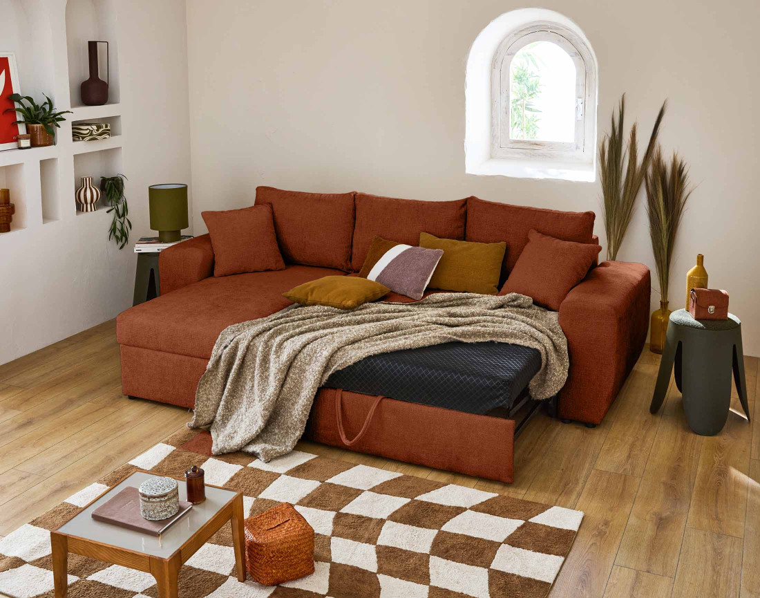 Canapé d'angle réversible 4 places convertible avec coffre en velours texturé Milan