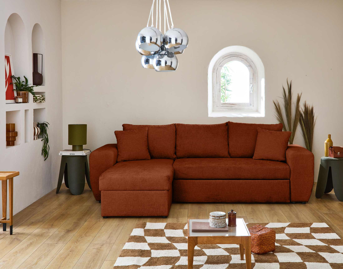 Canapé d'angle réversible 4 places convertible avec coffre en velours texturé Milan