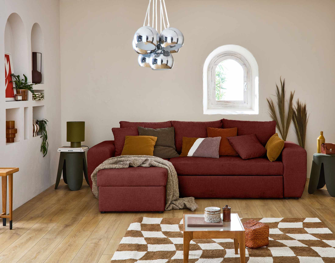 Canapé d'angle réversible 4 places convertible avec coffre en velours texturé Milan