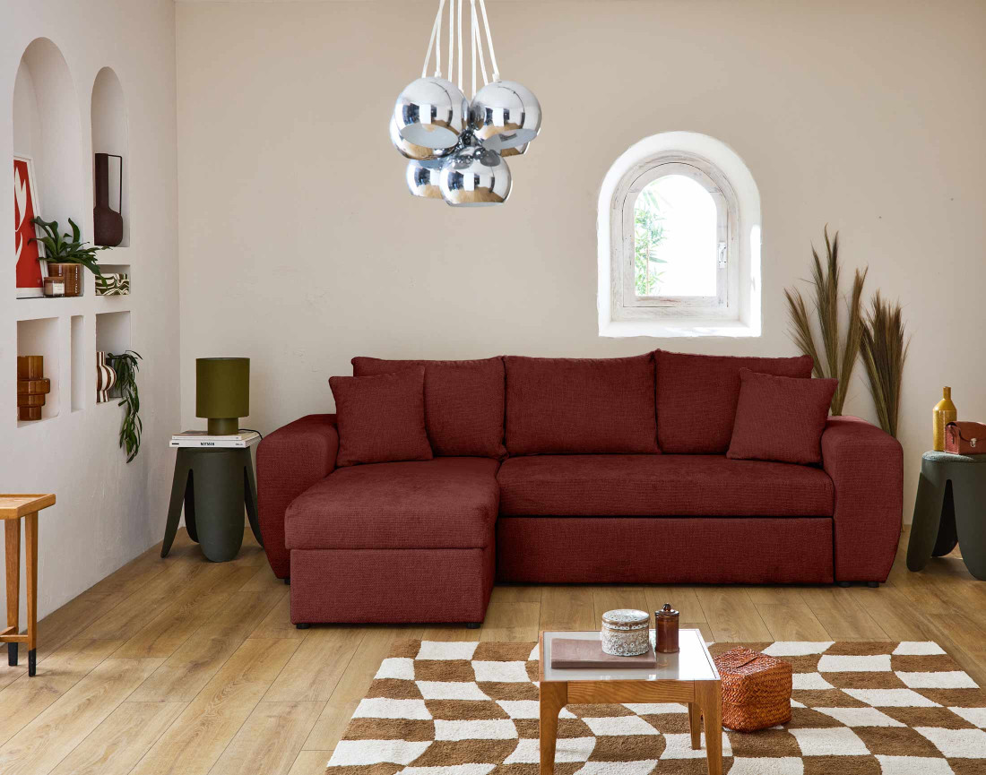 Canapé d'angle réversible 4 places convertible avec coffre en velours texturé Milan