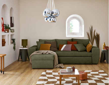 Canapé d'angle réversible 4 places convertible avec coffre en velours texturé Milan