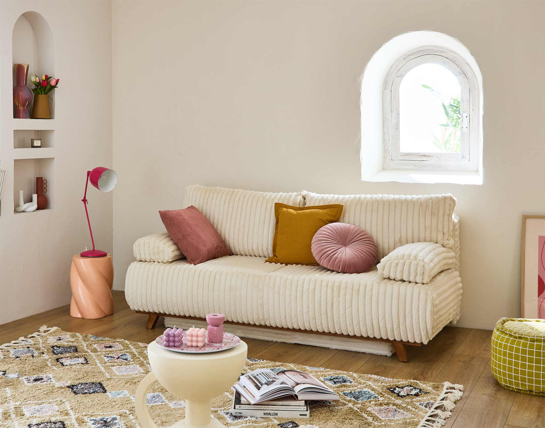 Canapé 3 places convertible avec coffre en fausse fourrure côtelée Cristal