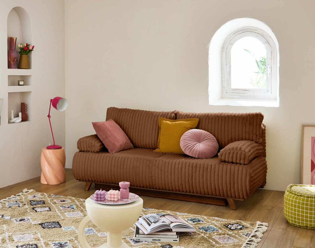 Canapé 3 places convertible avec coffre en fausse fourrure côtelée Cristal