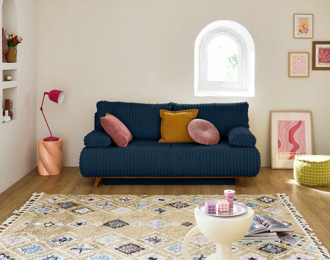 Canapé 3 places convertible avec coffre en fausse fourrure côtelée Cristal