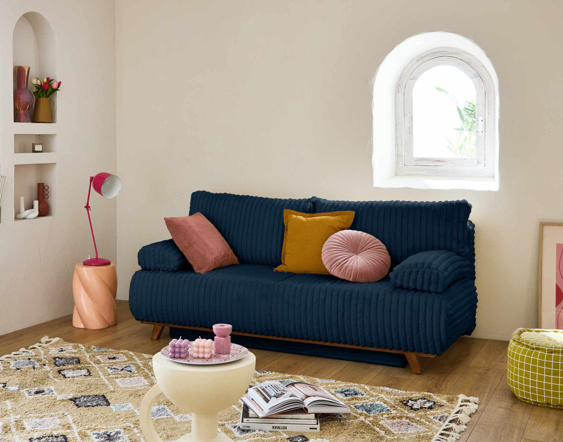 Canapé 3 places convertible avec coffre en fausse fourrure côtelée Cristal