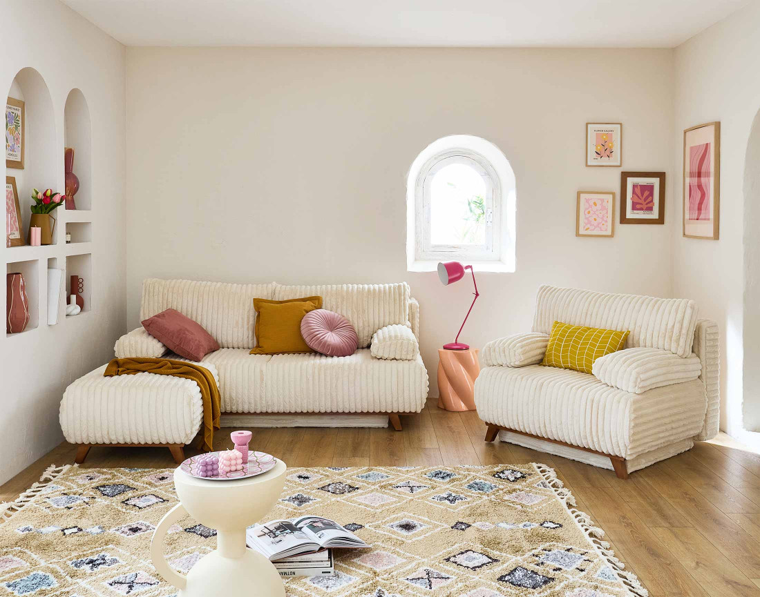 Canapé 3 places convertible avec coffre en fausse fourrure côtelée Cristal