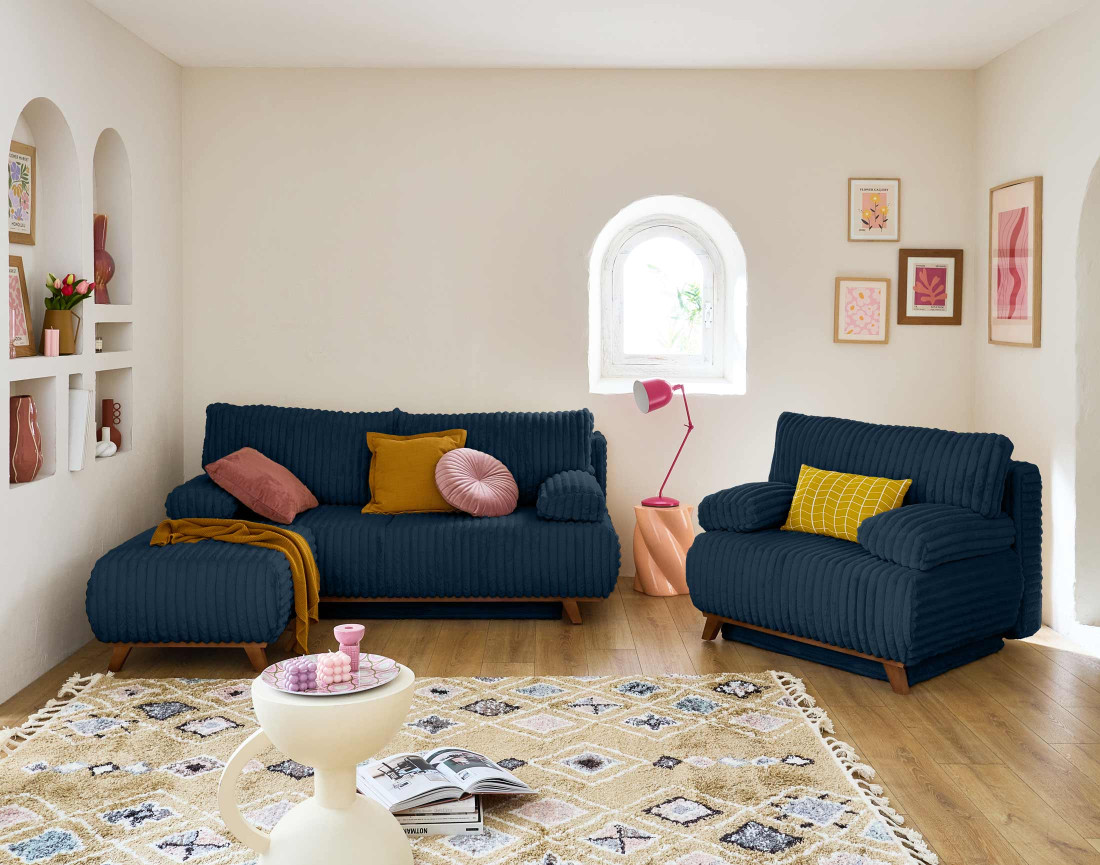 Canapé 3 places convertible avec coffre en fausse fourrure côtelée Cristal