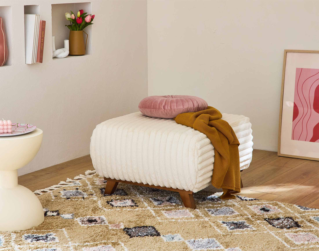 Pouf modulable 65 cm en fausse fourrure côtelée Cristal