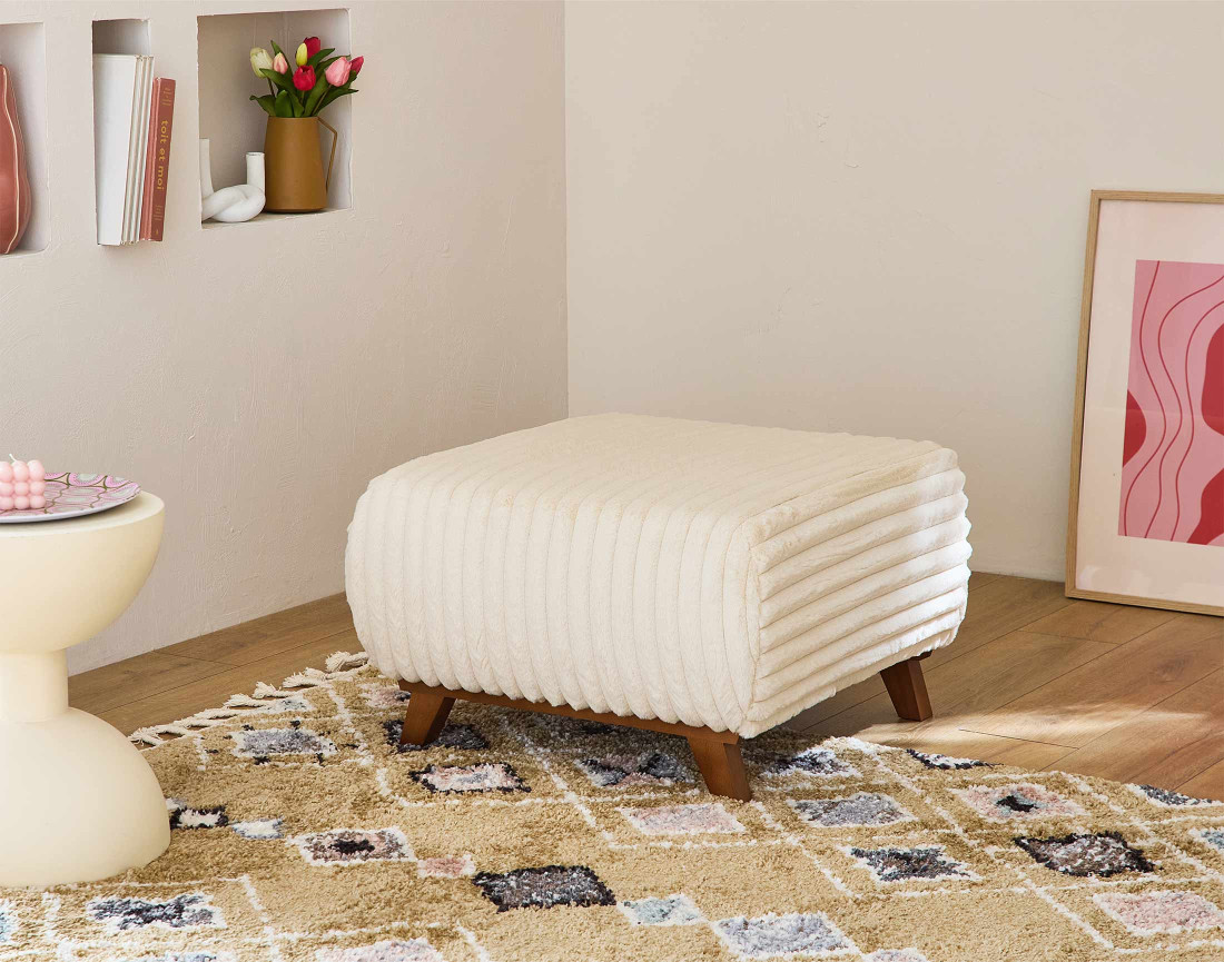 Pouf modulable 65 cm en fausse fourrure côtelée Cristal