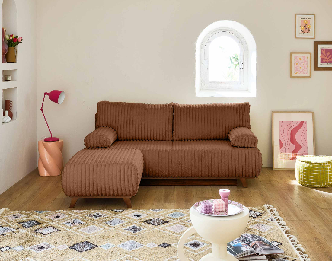 Canapé 3 places convertible avec coffre et pouf en fausse fourrure côtelée Cristal