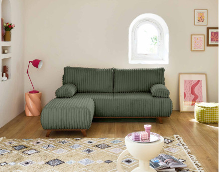 Canapé 3 places convertible avec coffre et pouf en fausse fourrure côtelée Cristal