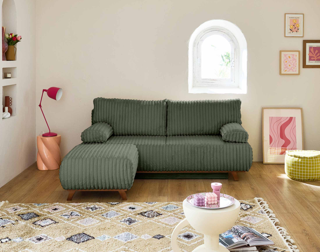 Canapé 3 places convertible avec coffre et pouf en fausse fourrure côtelée Cristal