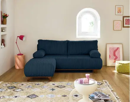 Canapé 3 places convertible avec coffre et pouf en fausse fourrure côtelée Cristal
