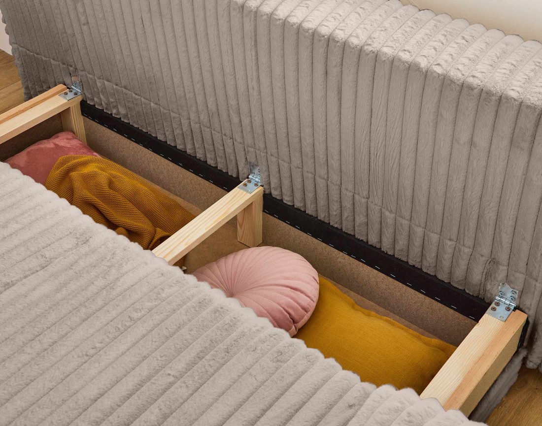 Canapé 3 places convertible avec coffre et grand pouf en fausse fourrure côtelée Cristal