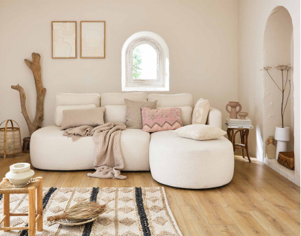 Canapé d'angle droit 4 places convertible avec coffre en tissu bouclette Mahina