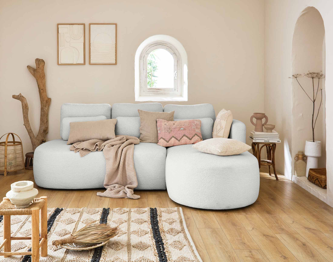 Canapé d'angle droit 4 places convertible avec coffre en tissu bouclette Mahina