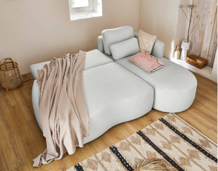 Canapé d'angle droit 4 places convertible avec coffre en tissu bouclette Mahina