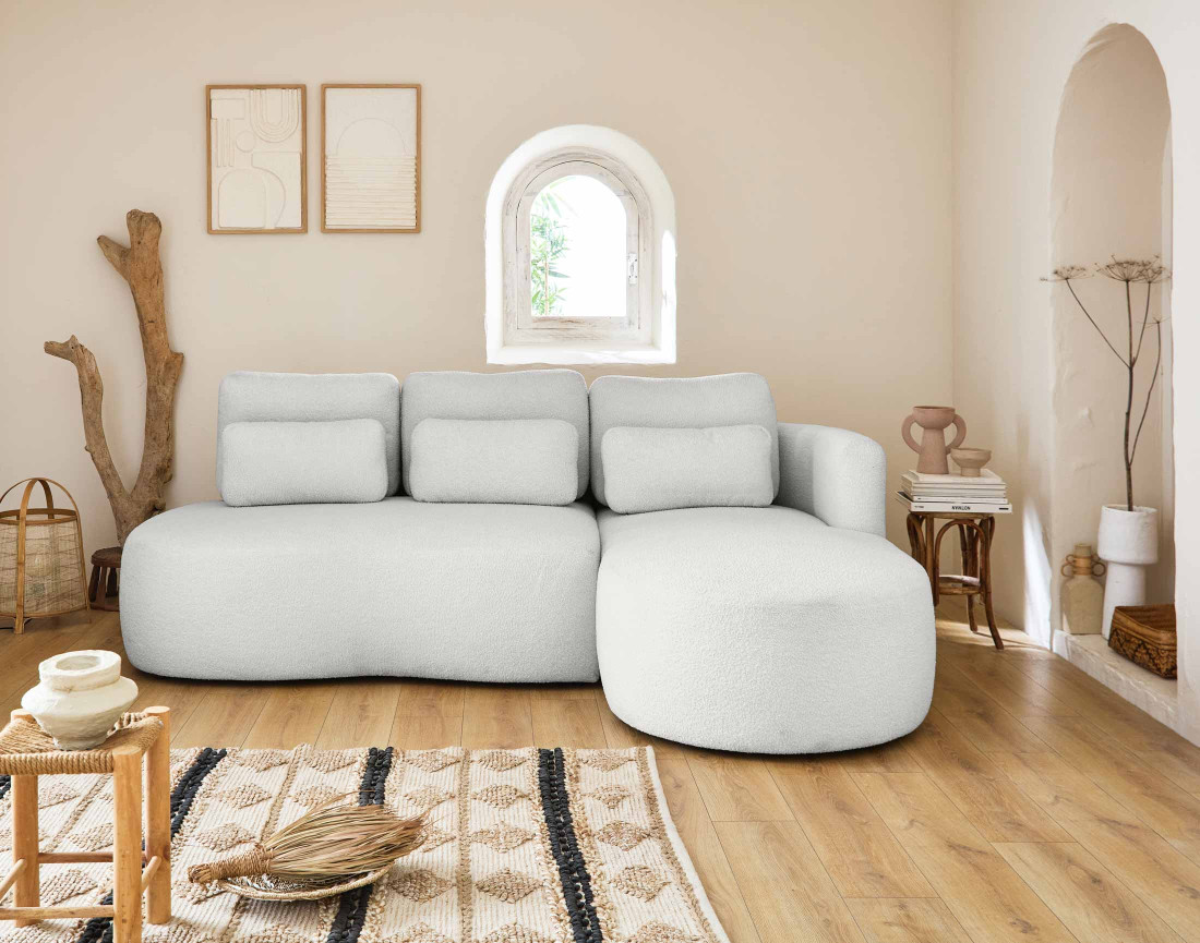 Canapé d'angle droit 4 places convertible avec coffre en tissu bouclette Mahina