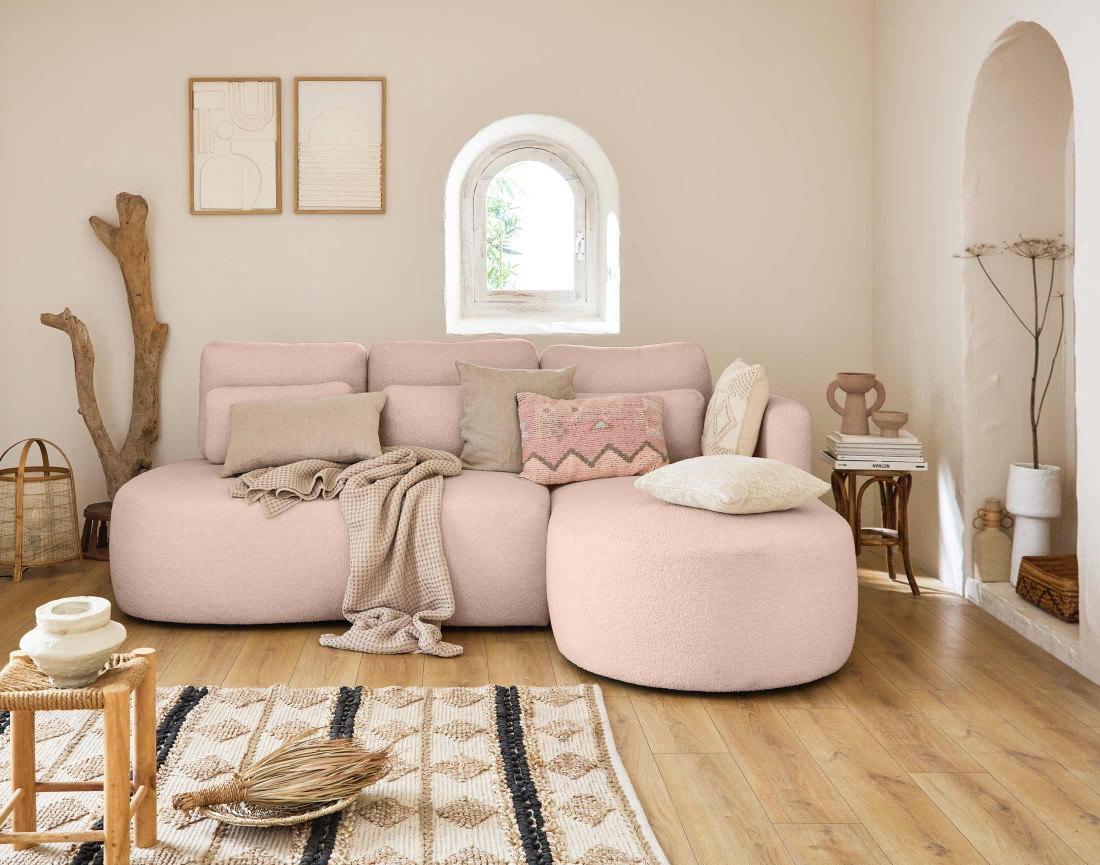 Canapé d'angle droit 4 places convertible avec coffre en tissu bouclette Mahina