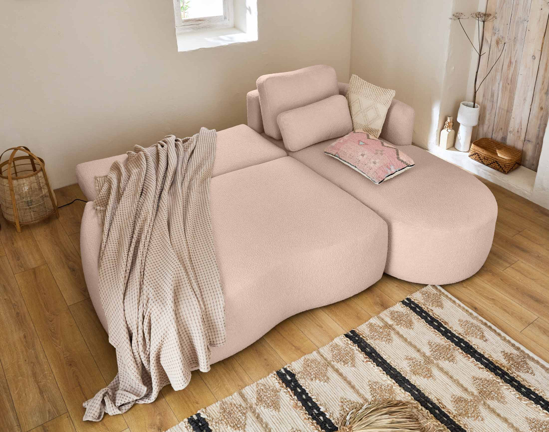 Canapé d'angle droit 4 places convertible avec coffre en tissu bouclette Mahina