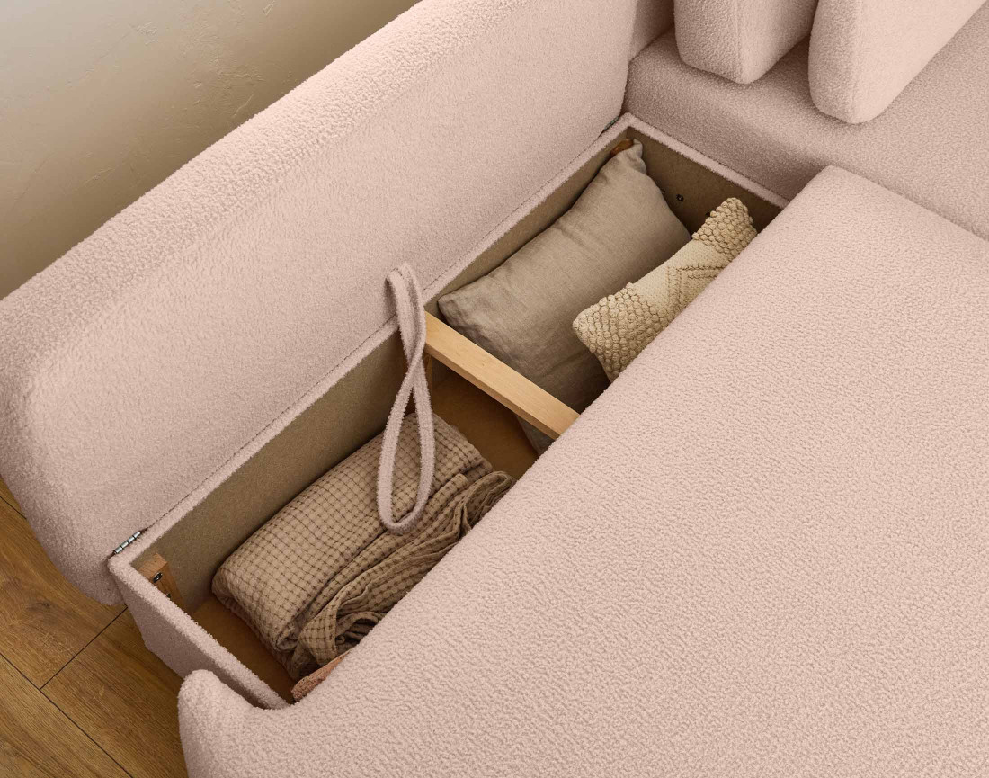 Canapé d'angle droit 4 places convertible avec coffre en tissu bouclette Mahina