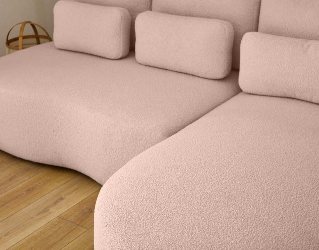 Canapé d'angle droit 4 places convertible avec coffre en tissu bouclette Mahina