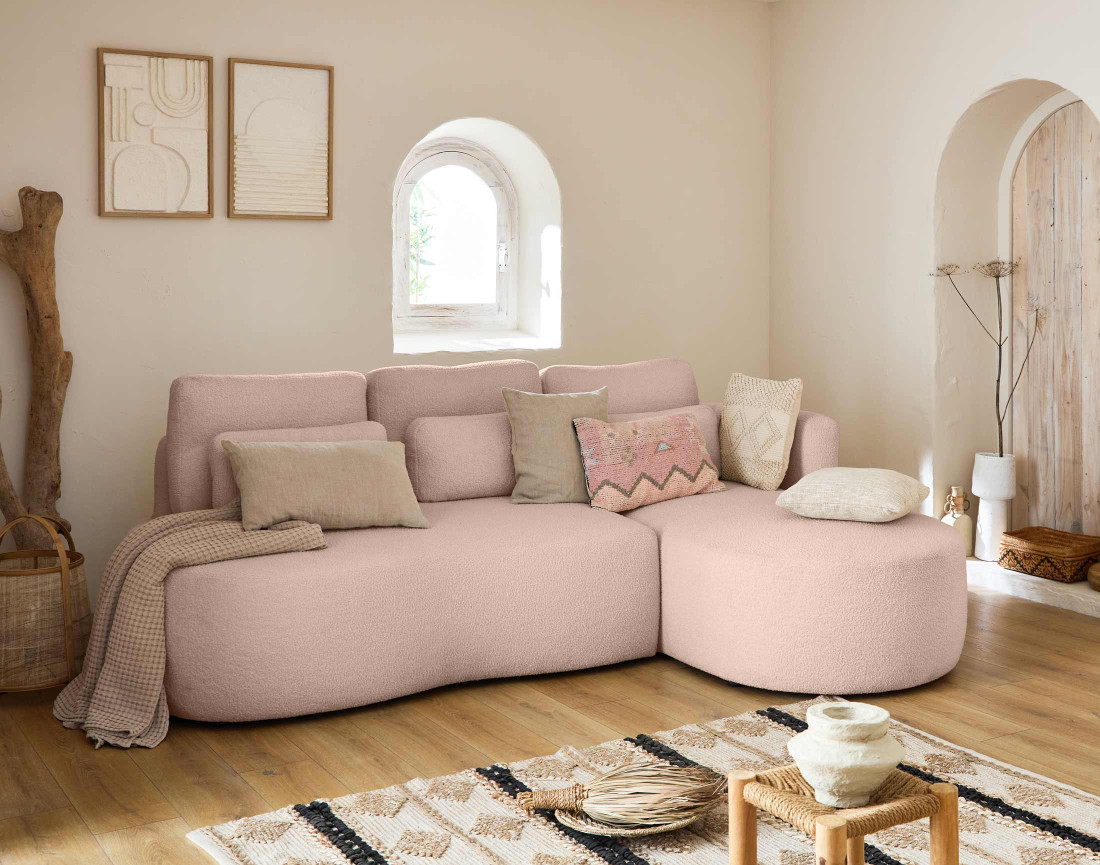 Canapé d'angle droit 4 places convertible avec coffre en tissu bouclette Mahina