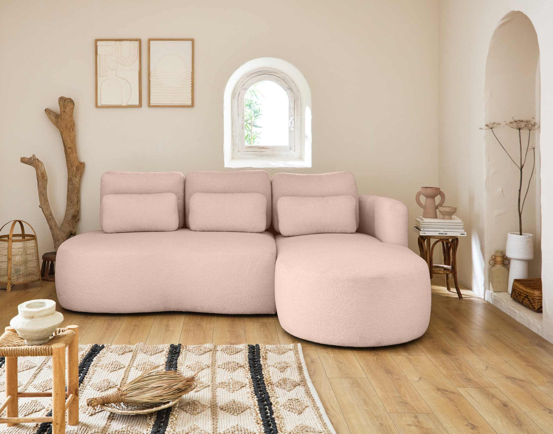 Canapé d'angle droit 4 places convertible avec coffre en tissu bouclette Mahina