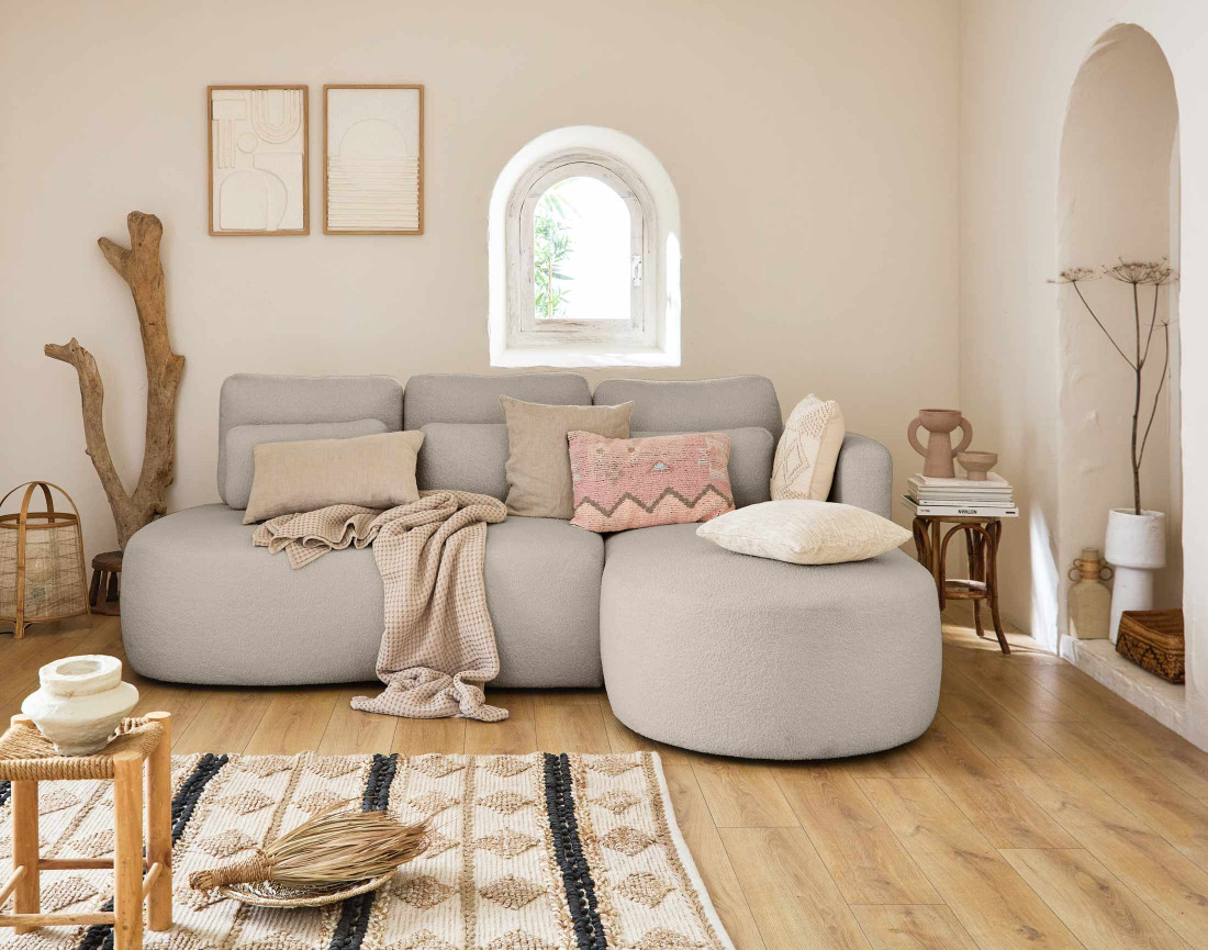 Canapé d'angle droit 4 places convertible avec coffre en tissu bouclette Mahina