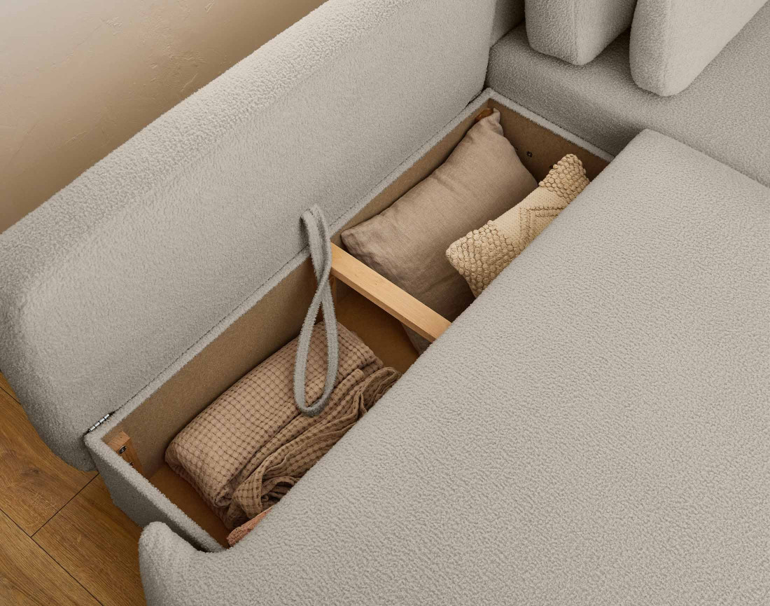 Canapé d'angle droit 4 places convertible avec coffre en tissu bouclette Mahina