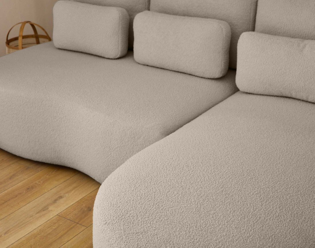 Canapé d'angle droit 4 places convertible avec coffre en tissu bouclette Mahina