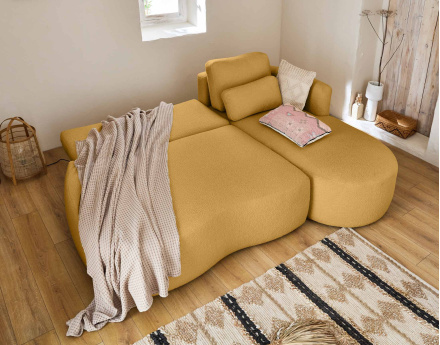 Canapé d'angle droit 4 places convertible avec coffre en tissu bouclette Mahina