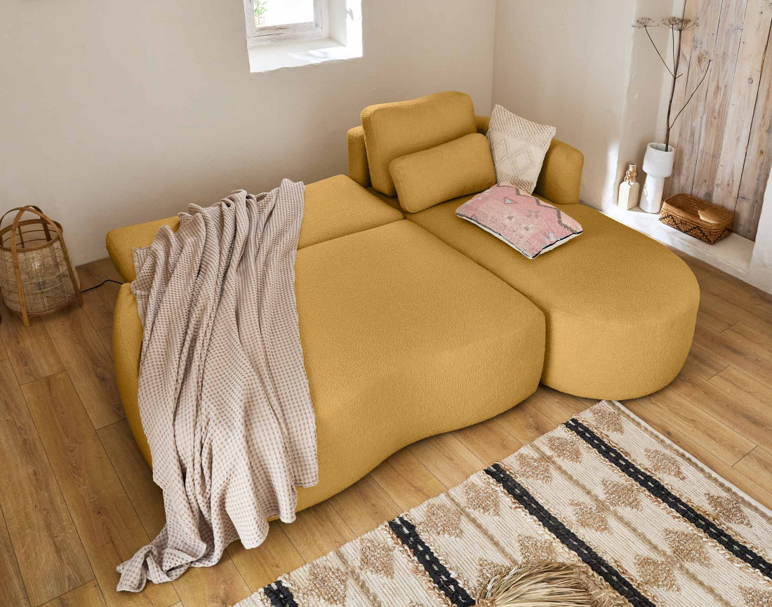 Canapé d'angle droit 4 places convertible avec coffre en tissu bouclette Mahina