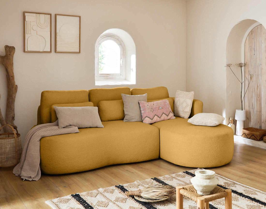 Canapé d'angle droit 4 places convertible avec coffre en tissu bouclette Mahina