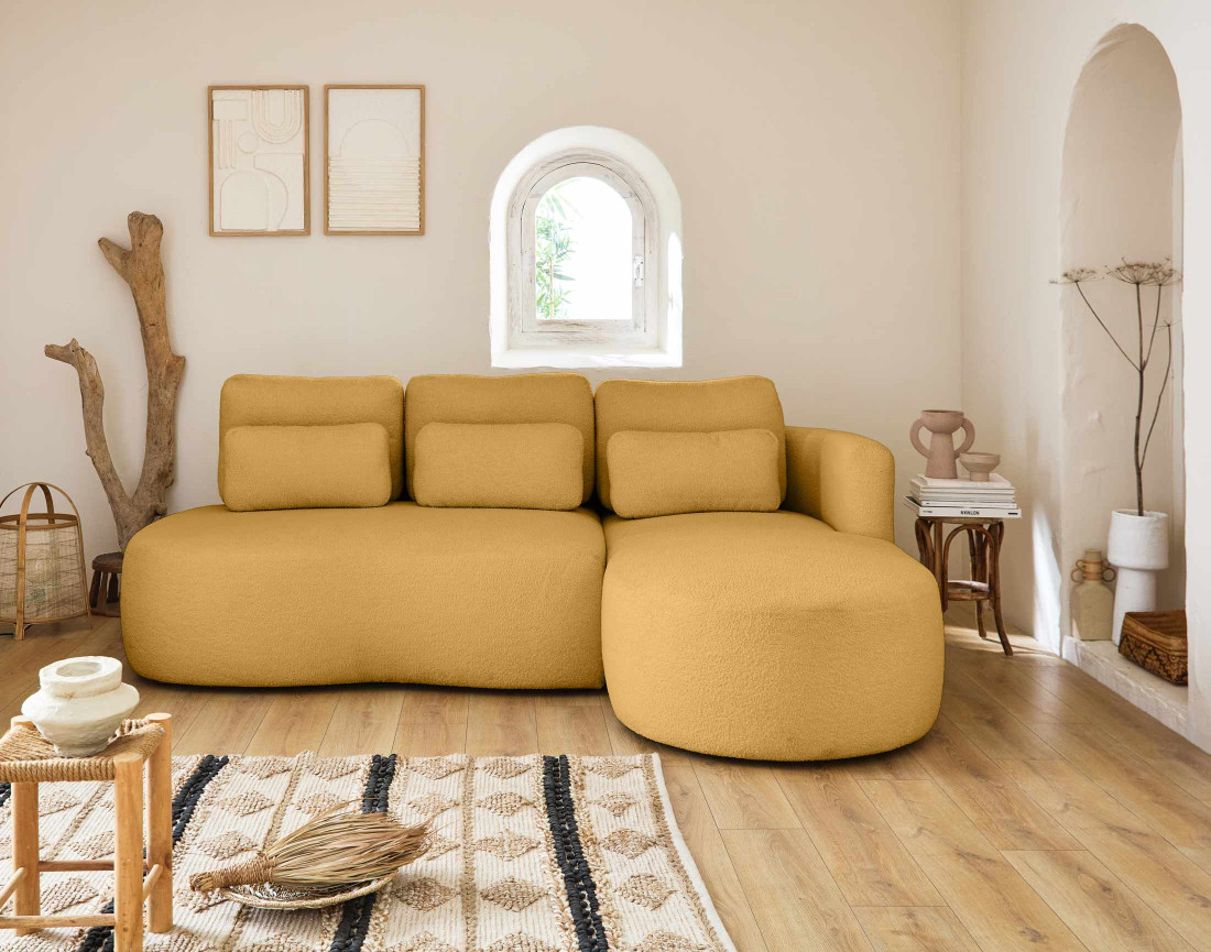 Canapé d'angle droit 4 places convertible avec coffre en tissu bouclette Mahina