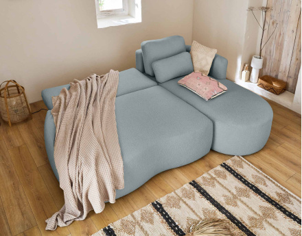 Canapé d'angle droit 4 places convertible avec coffre en tissu bouclette Mahina